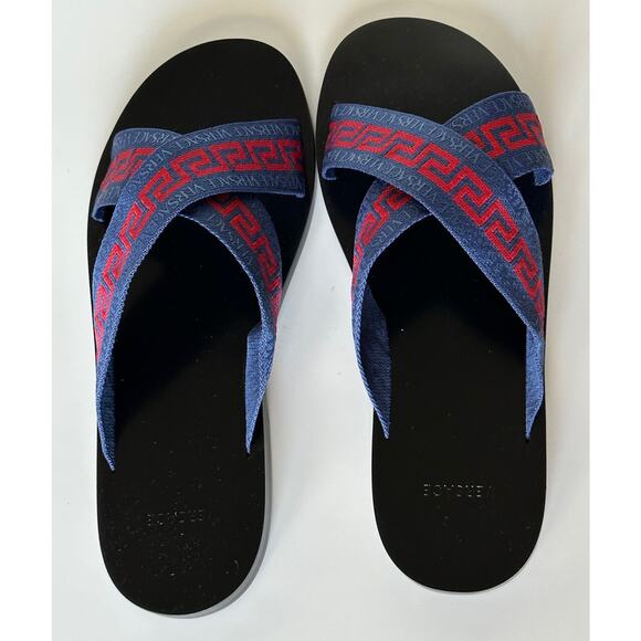 NIB Versace Greca Crisscross Blue/Red Slides Sandals 8.5 US (41.5 Euro) 1006273 - Picture 5 of 12